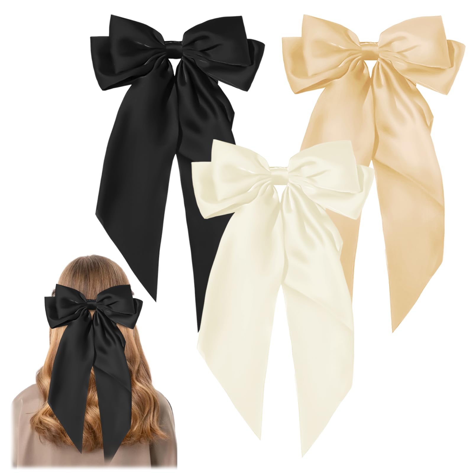 YONEEKSS 3 PCS Large Hair Bows Bowknot Hair Ribbons Clip Hair Barrettes with Long Silky Satin for Women and Girls (Colours: Black, Beige, Khaki)