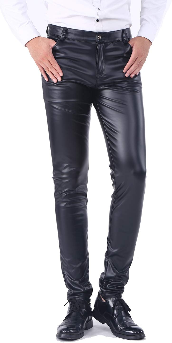 Idopy Men`s Business Slim Fit Five Pockets Faux Leather Pants Jeans