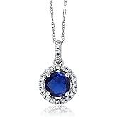 Gem Stone King 0.92 Ct Round Blue Created Sapphire White Diamond 14K White Gold Pendant