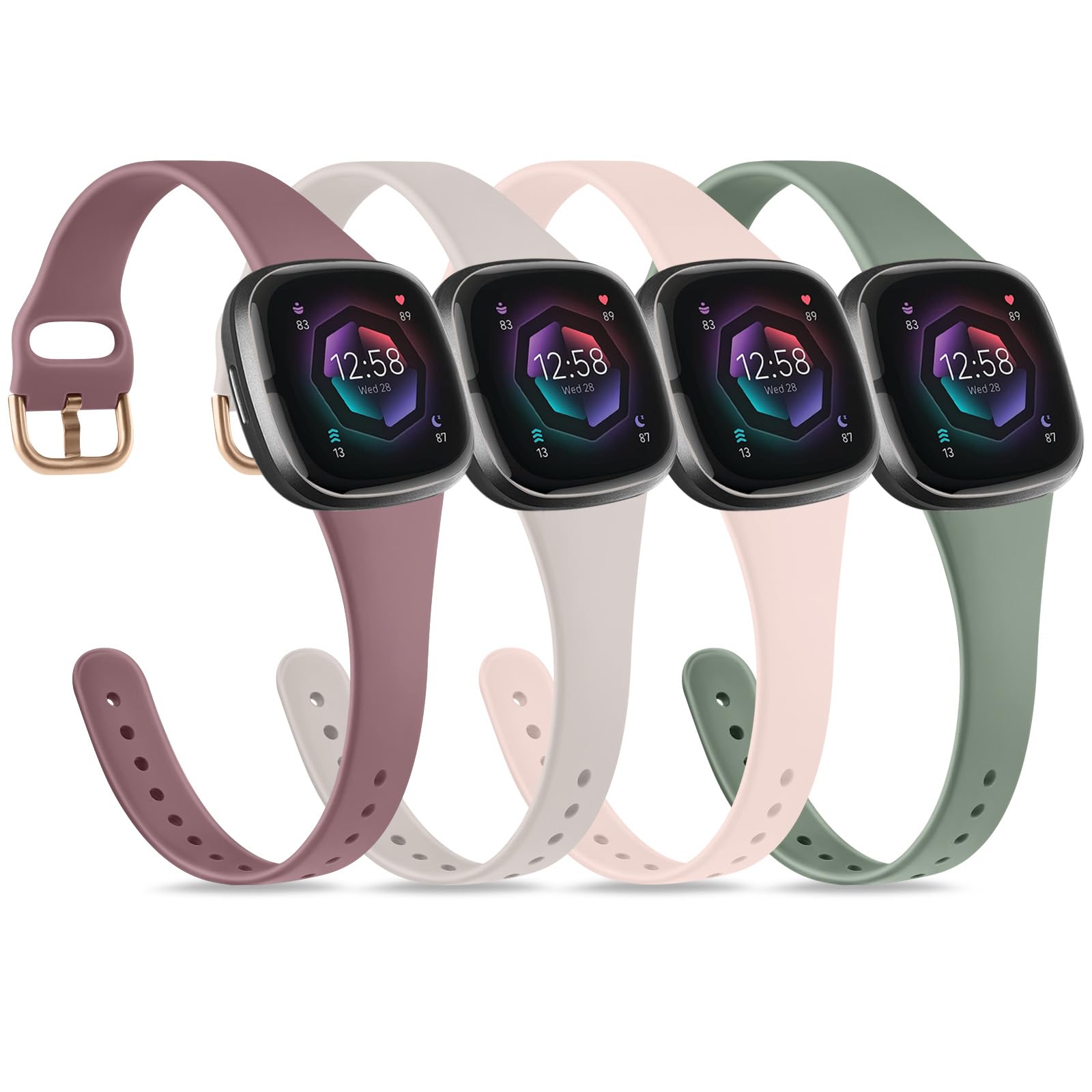 Strap compatible for Fitbit Versa 3 Straps/Sense/Sense 2 Strap for Women Men, Soft Slim Thin Silicone Replacement Band Wristband Watchband for Fitbit Versa 4 (4-PACK 01)