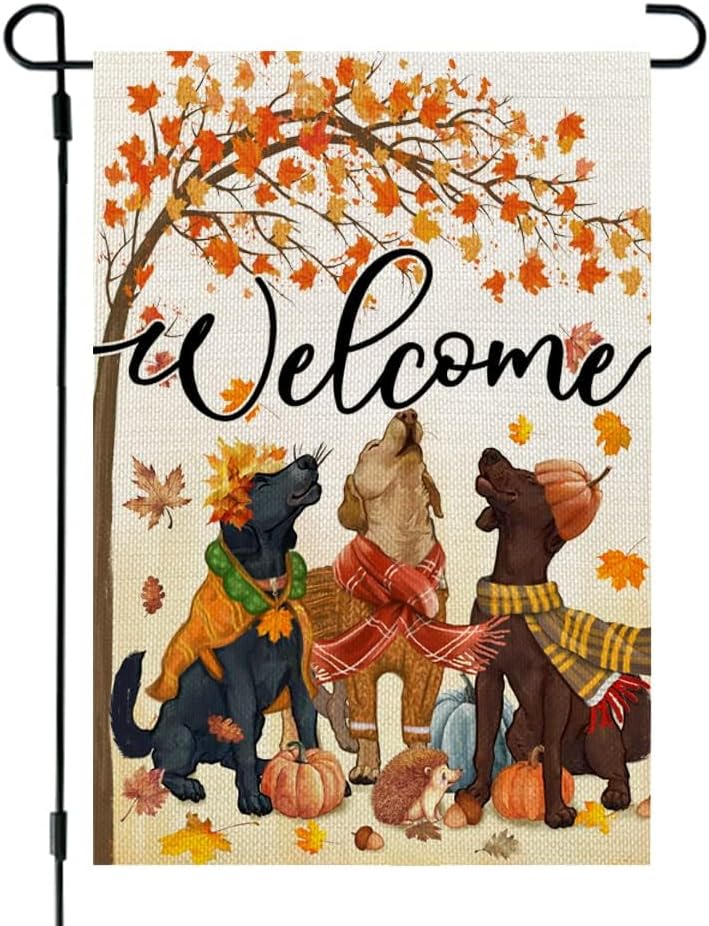 Flags - CROWNED BEAUTY Fall Dogs Garden Flag 12x18 Inch Double Sided for Outside Welcome Maple Leaves Small Burlap Seasonal Autumn Yard Decoration