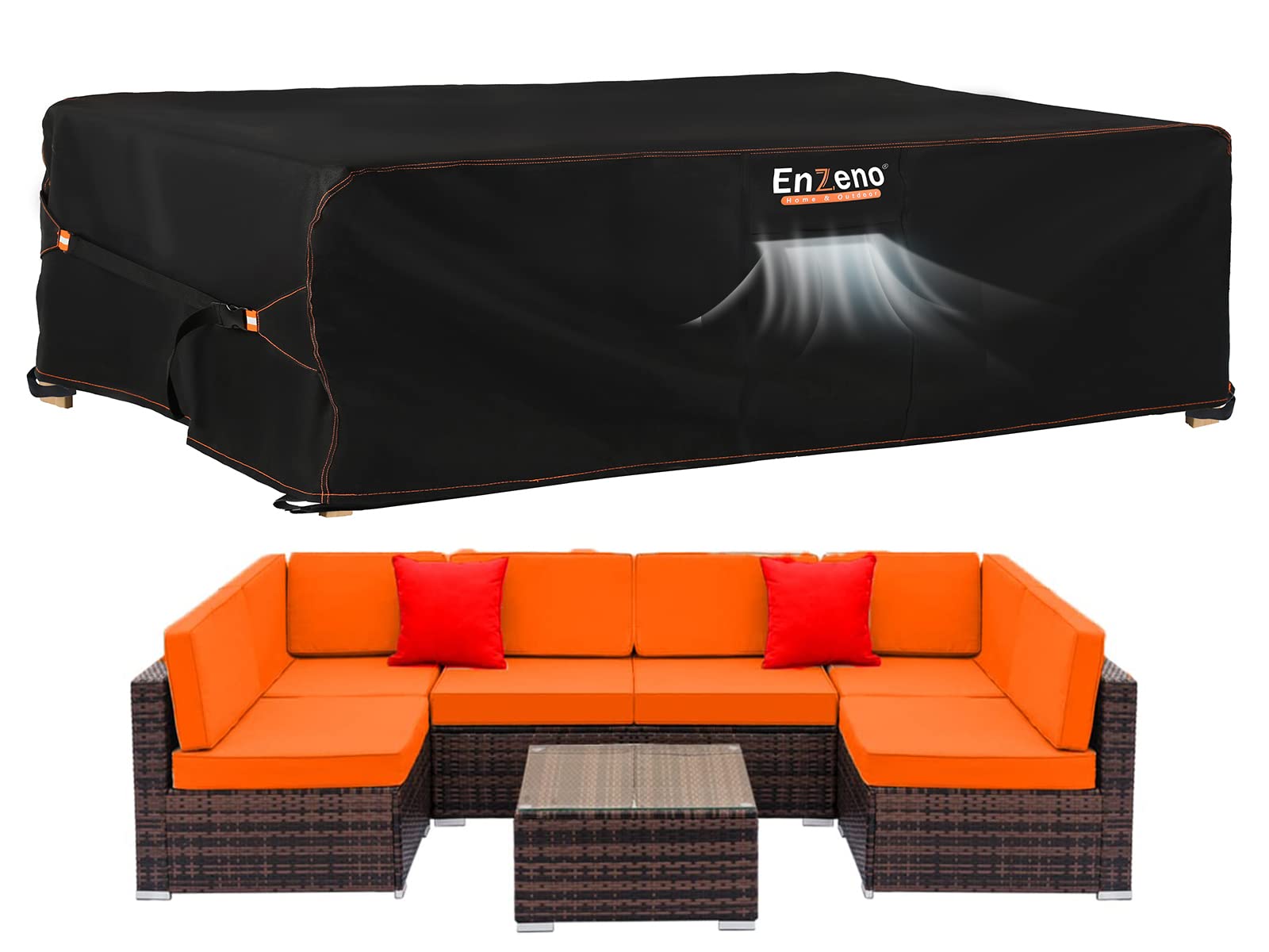 Photo 1 of Enzeno Patio Furniture Set Cover, Outdoor Sectional Sofa Couch Set Covers Waterproof, Garden Dining Table Chair Set Cover Outside Rectangular Heavy Duty Weatherproof 120" L x 90" W x 35" H Black