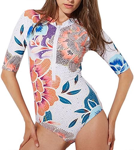 ZAY Womens Long Sleeve Rash Guard UV UPF 50+ Sun Protection Printed Zipper Surfing One Piece Swimsuit Swimwear
