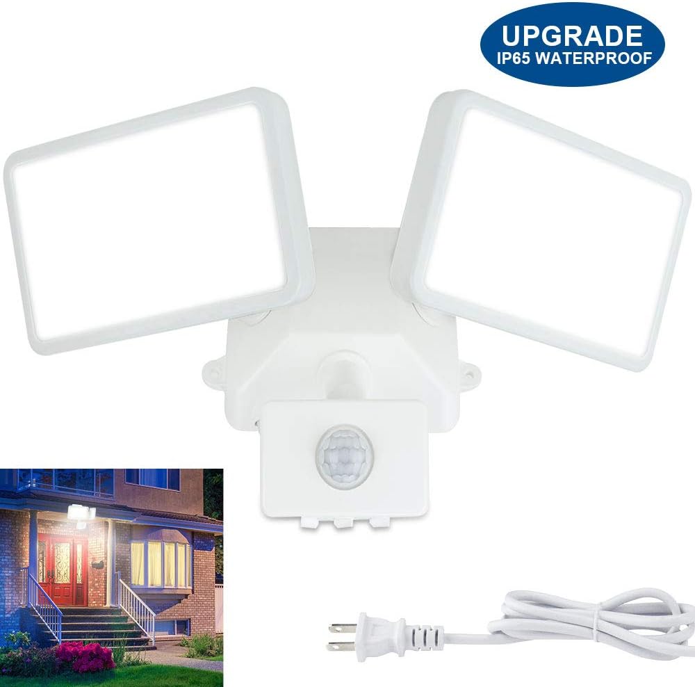 DLLT LED Motion Sensor Security Flood Light Outdoor-20W Pir Sensor Wall Lamp Fixture Waterproof Spot Lights for Garage Yard Garden Lighting Daylight with US Plug in, 2 Adjustable Heads, Super Bright
