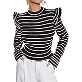 Ezbelle Women's Long Sleeve Ruffle Shirts Striped Rib Knit Blouse Slim Casual Office Trendy Fall Spring Tops 2026