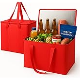 musbus 2Pk Insulated Reusable Grocery Bags, Collapsible Cooler Bag for Groceries, Heavy Duty Large Insulated Bag (Large, Bright Red)
