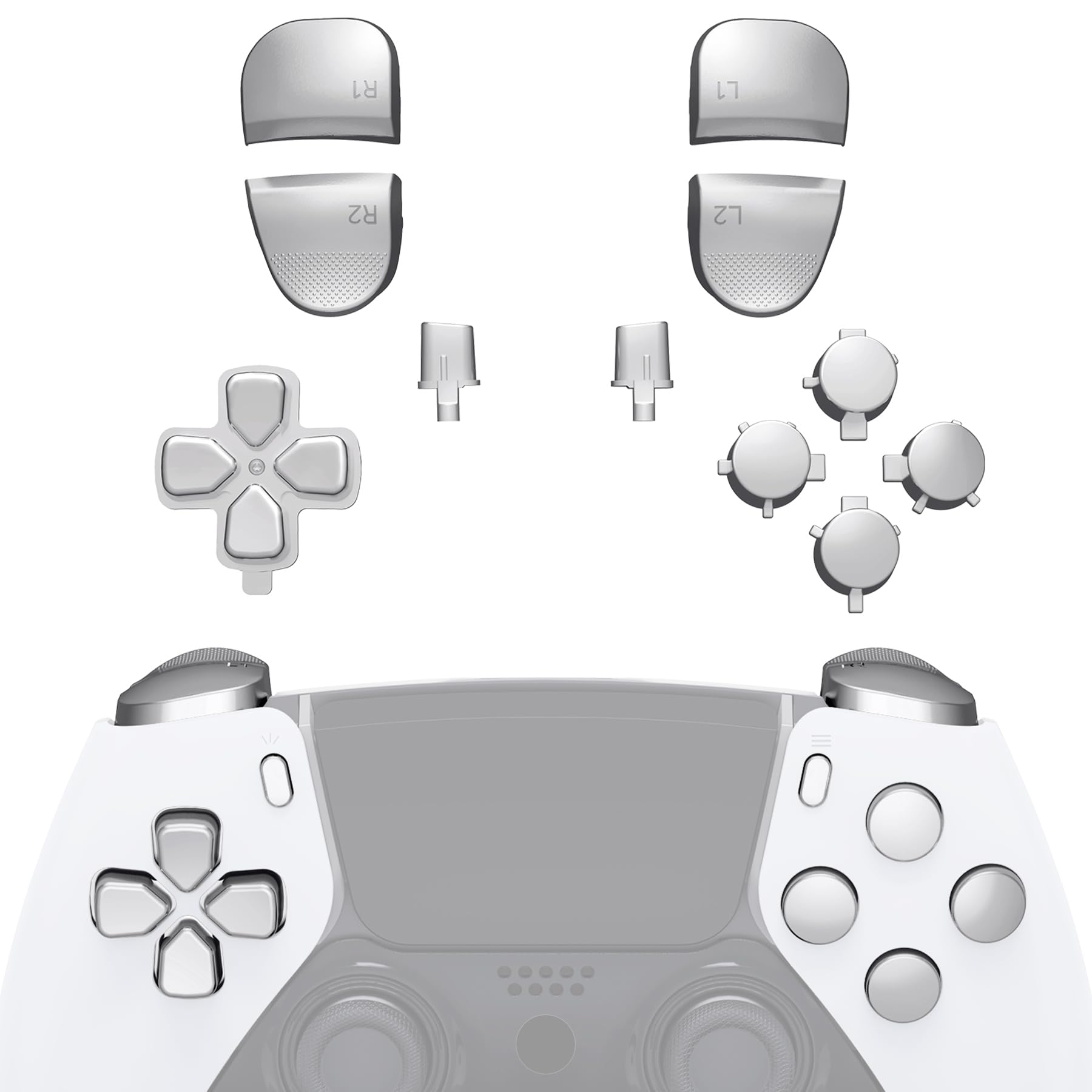 eXtremeRate Replacement Full Set Buttons Compatible with ps5 Edge Controller, Chrome Silver D-pad Share Options Home Face Buttons R1 L1 R2 L2 Triggers Compatible with ps5 Edge Controller
