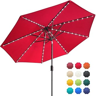 EliteShadeEliteShade USA 10-Year-Non-Fading Solar 9ft Market Umbrella with 80 LED Lights Patio Umbrellas Outdoor Table Umbrella with Ventilation, Logo Red