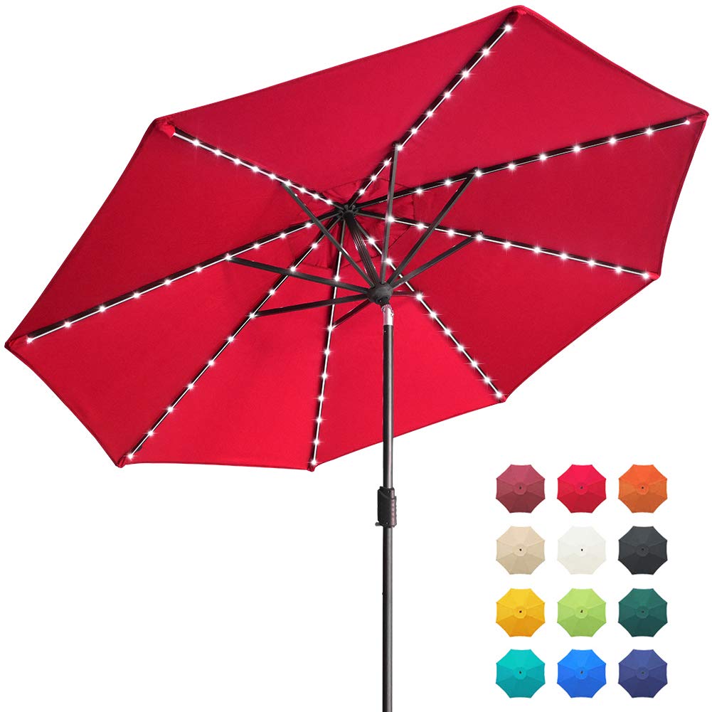 EliteShadeEliteShade USA 10-Year-Non-Fading Solar 9ft Market Umbrella with 80 LED Lights Patio Umbrellas Outdoor Table Umbrella with Ventilation, Logo Red