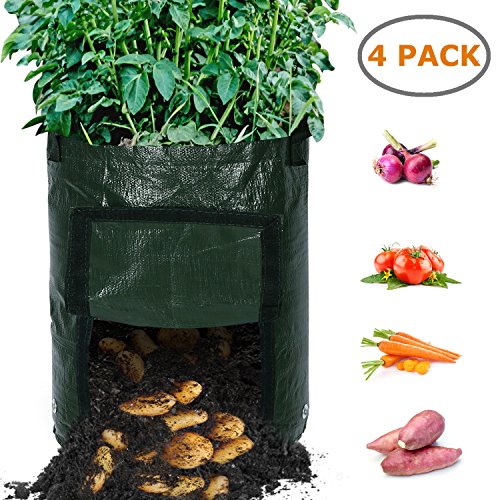 Ohuhu 4-Pack 10 Gallon Garden Potato Grow Bags, Vegetables Plant Growing Bags, Durable Planter Bags, Upgraded PE Aeration Pots with Portable Access Flap& Handles, for Potato, Tomato, Carrot etc