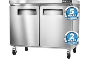 HECMAC 36" Commercial Freezer, 9.68 Cu.ft Worktop Undercounter Fridge with 2 Solid Door, -8~0℉, 18-8 Stainless Steel Interior, ETL&NSF/ANSI 7 for Restaurant, Bar, Shop, Kitchen Use