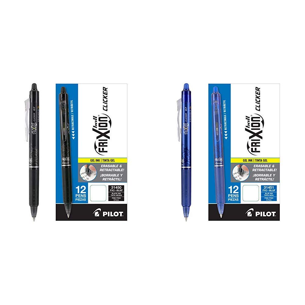 PILOT FriXion Clicker Erasable, Refillable & Retractable Gel Ink Pens, Fine Point, Blue Ink, 12-Pack & Black Ink, 12-Pack (24 Total Pens) (31450/31451)