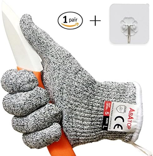 ABATOP Cut Resistant Gloves, Level 5 Protection Kitchen Cuts Safety Gloves, Food Grade Mandoline Slicing and Grating, Cooking Cutting Peeling Hand Protective Glove, 1 Adhesive Wall Hook Free, 1 Pair L