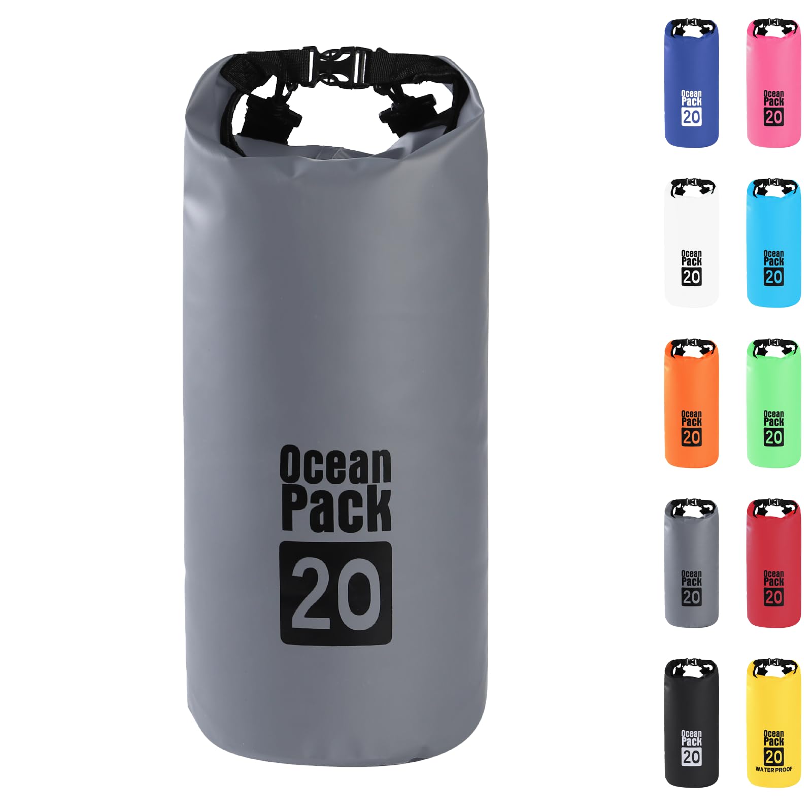 Dry Bag 20L, Boat Dry Bags Grey Waterproof Bag Dry Sack Roll Top Long Adjustable Shoulder Strap 2L/5L/10L/20L/30L/40L for Drifting Boating Kayaking Fishing Rafting Swimming Camping Canoeing Surfing