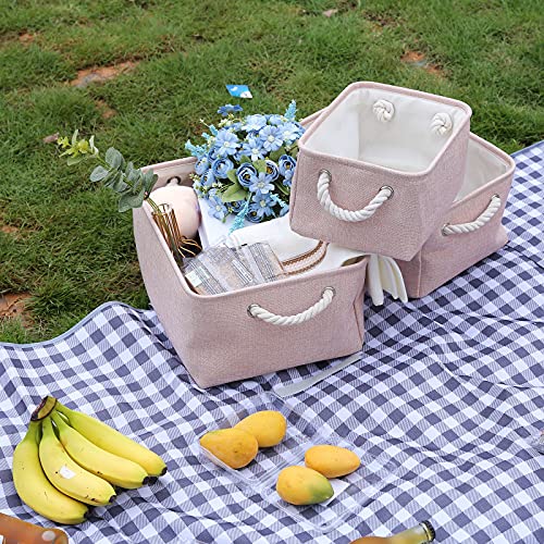 Storage Bins with Sturdy Cotton Handles(1 Pack) , Fabric Storage Baskets for Organizing use for Office & Home, Book, Clothes, Toys, Closet Boxes (Small, Pink, 12.2×8.3×6.3 inches)
