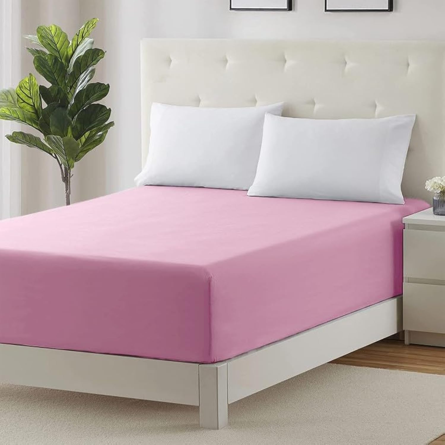 Prime Linens Extra Deep 30Cm Plain Fitted Sheet, Elastic Pocket Breathable Soft Polyester Cotton Bed sheet Machine Washable Fade Resistant (Pink, Super King)