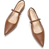 C.Paravano Women's Slingback Flats Pointed Toe Kitten Heels Low Heel Pumps Ankle Strap Comfort for Office Casual Wear Leather Dress Shoes(Size 7,Brown Flats)