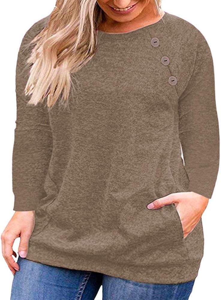 VISLILY Womens Plus Size Tops Long Sleeve Buttons Casual Shirt with Pockets