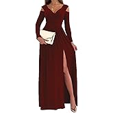 Topjini Women Long Sleeve Slit Maxi Long Dresses Deep V Neck Cold Shoulder Dress for Women Casual Fall Winter Evening Date
