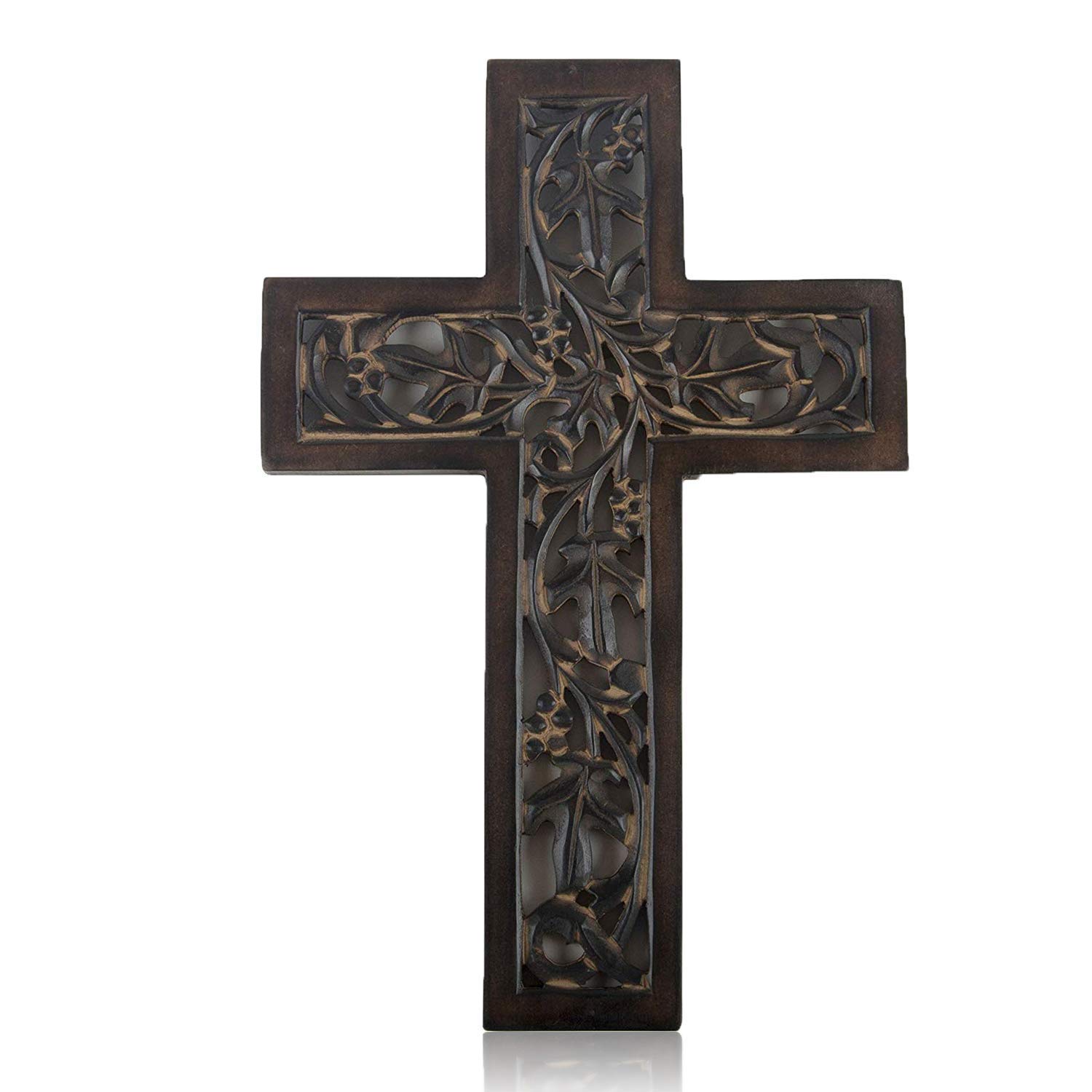 Wooden Religious Catholic Crucifix Cross Wall Hanging 12 (L) x 8 (W) Inch French Plaque Floral Carvings Living Room Home Decor Accent Church Chapel Altar Wall Art Decor Display Antiqued Rustic Finish