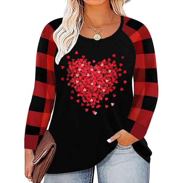 Women's Valentine's Day Buffalo Plaid Heart Shirt - Long Sleeve Graphic Tee (Red)