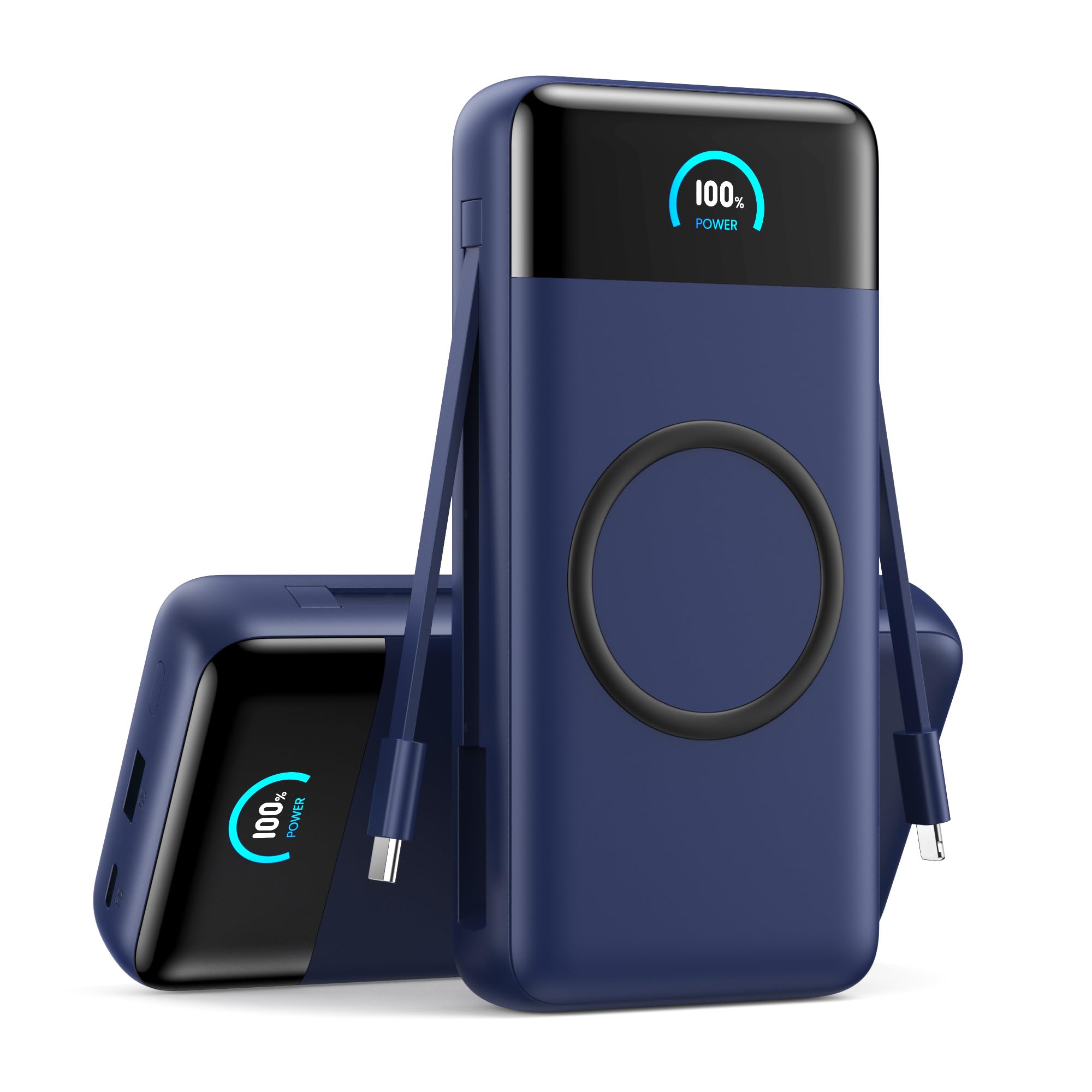 YHO Wireless Portable Charger 40800mAh for iPhone with Built-in Cables,15W Wireless Charging USB C Power Bank,25W PD Fast Charging Travel Essential Battery Pack for iPhone 17/16/15/14-Dark Blue