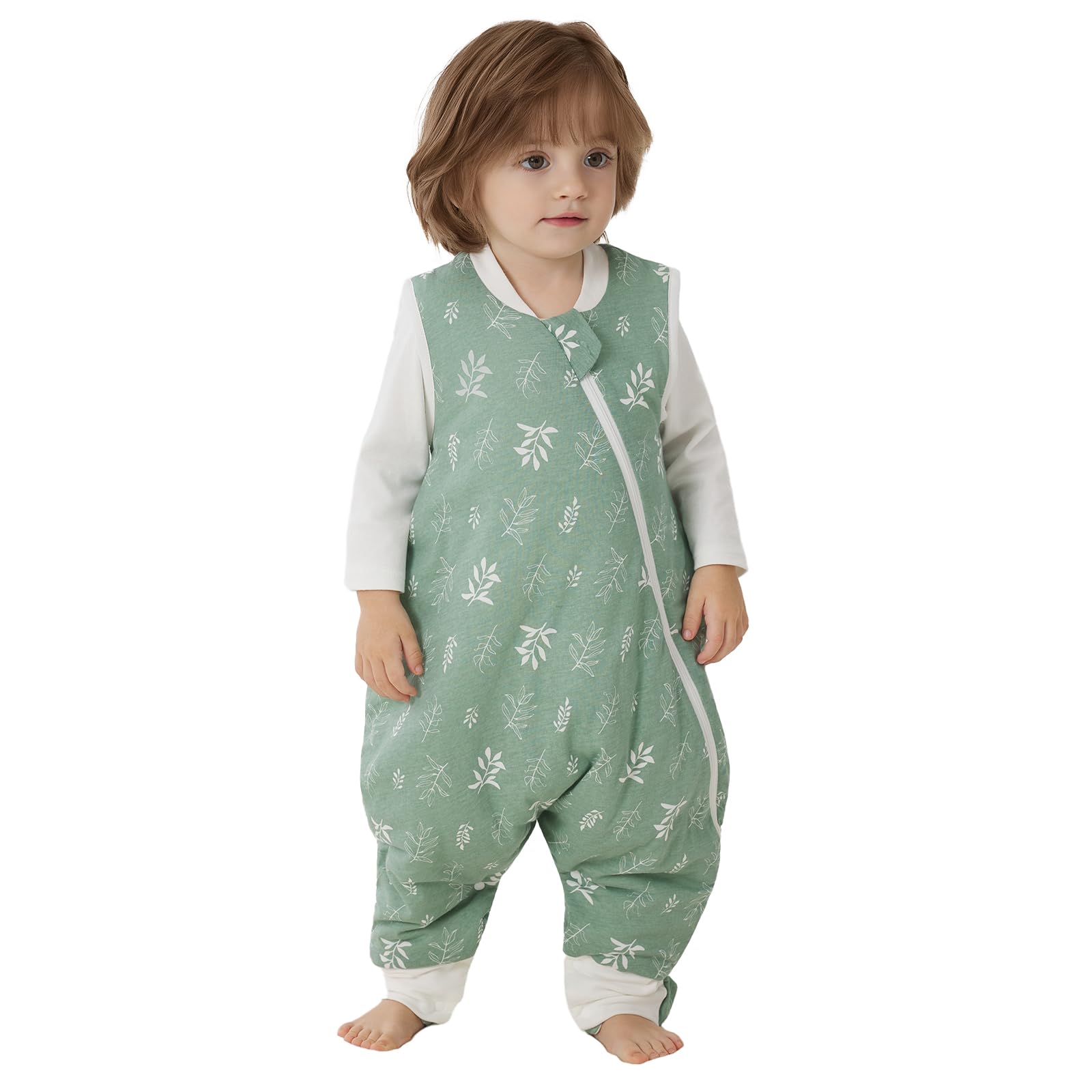 Duomiaomiao Sleeping Bag with Legs, 100% Cotton Winter 2.5 Tog Baby Sleep Bag Toddler Sleeping Sack with Feet for 2-3 Years Boys Girls, Green