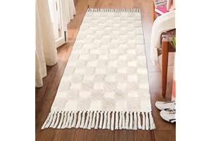Lanffia Boho Checkered Tufted Rug - 2x5 Runner Rug Beige Hallway Runner Washable with Tassels Indoor Farmhouse Floor Carpet for Kitchen Bathroom Laundry Doorway Bedroom Living Room