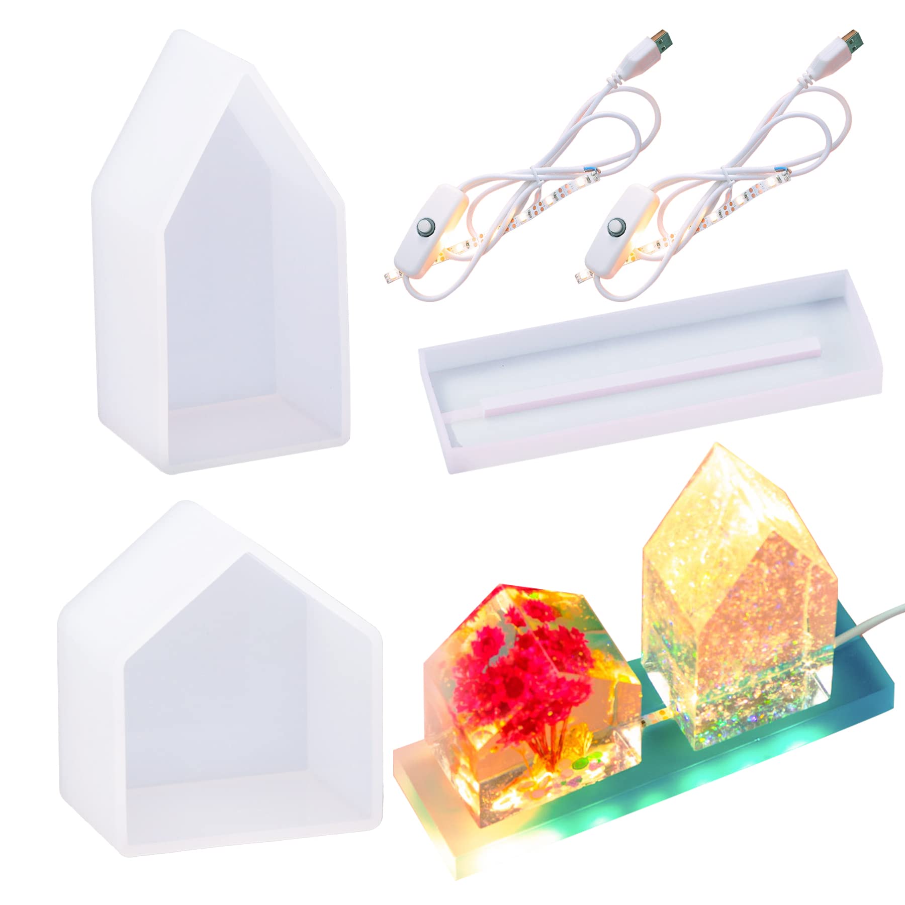 Yayatty Light Resin Molds, 2 Size House Shaped Light Resin Silicone Molds with Silicone Resin Molds Stand and Powered Light for DIY Desktop Ornaments Table Lamp Table Home Decorations
