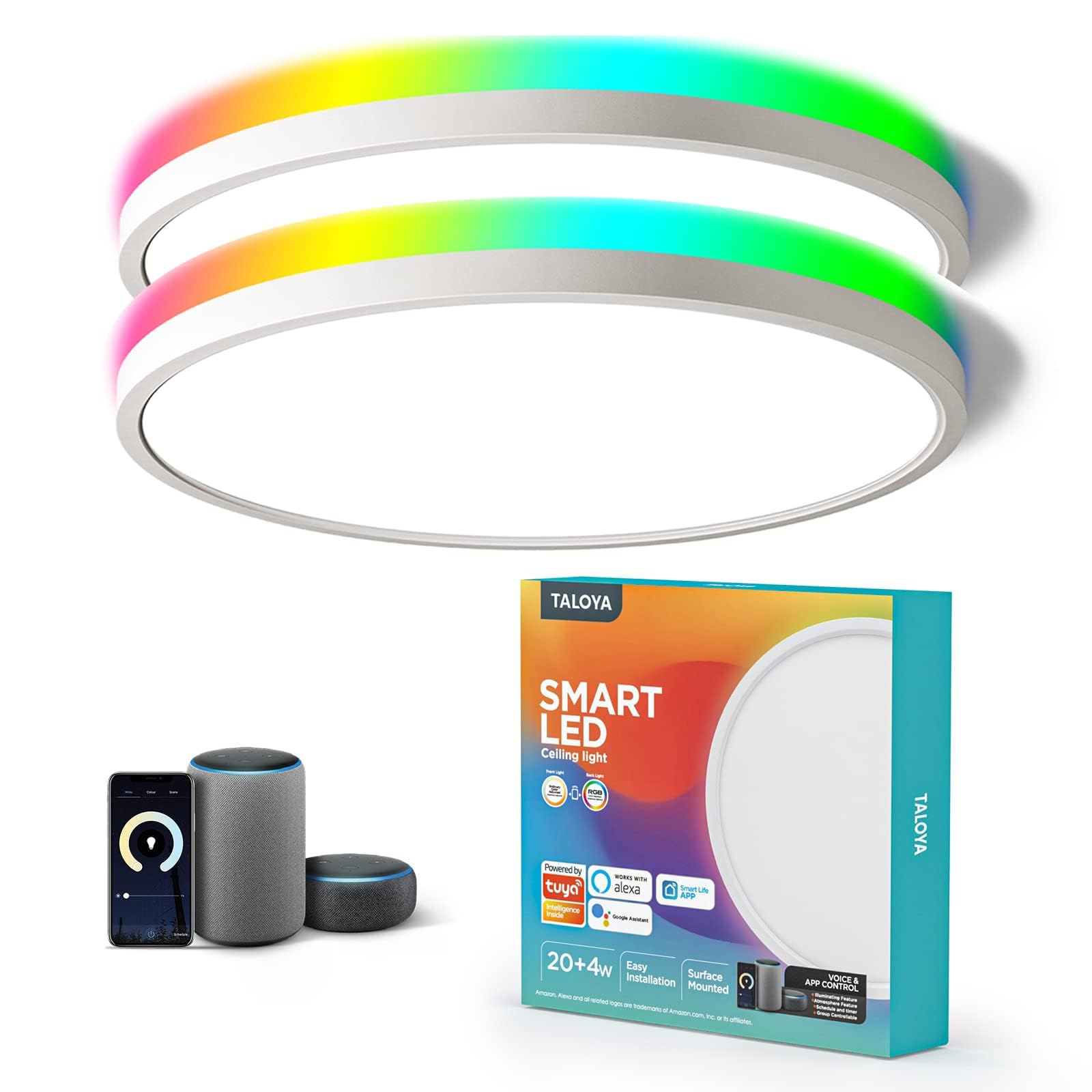 Photo 1 of TALOYA Compatible with Alexa Flush Mount Ceiling Light, 12 inch RGB Ambient Light, Day Light 3000K~6500K Adjustable by App, equivs to 200W Traditional lamp for Living Room, Bedroom, 2-Pack