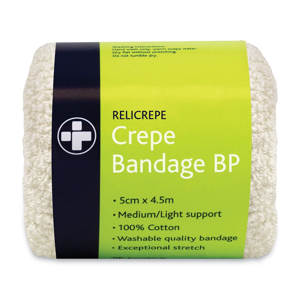 Reliance Medical Relicrepe White BP Grade Crepe Bandage, 100 Percent Cotton, Ideal for Sprains and Minor Aches, Washable and Stretchable, 5 cm x 4.5 m, Pack of 10