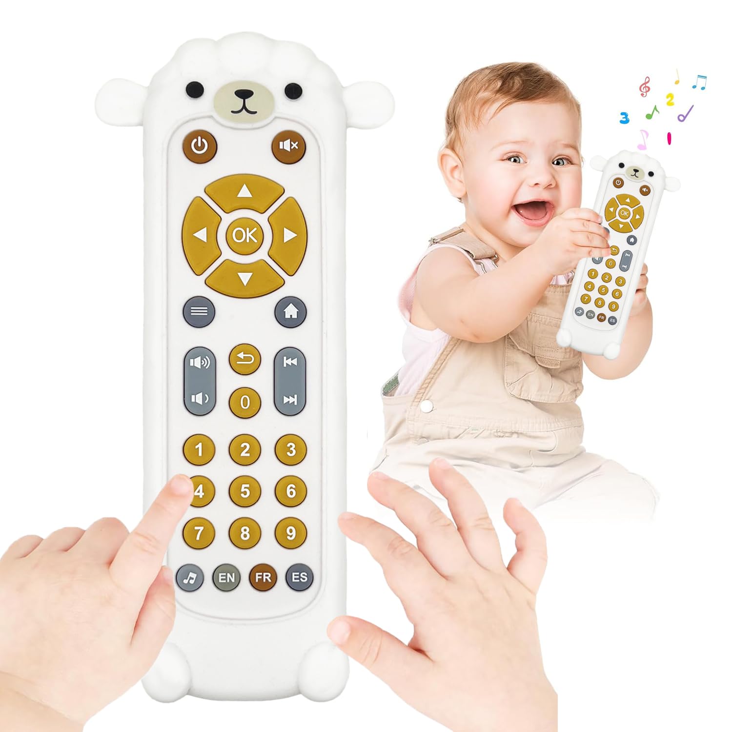 Realistic Baby Infant Silicon Tv Remote Control Toy with Music and Light for Toddlers with Teeth Cover, Early Education with Numbers and Multi Languages for Boys and Girls (Sheep)