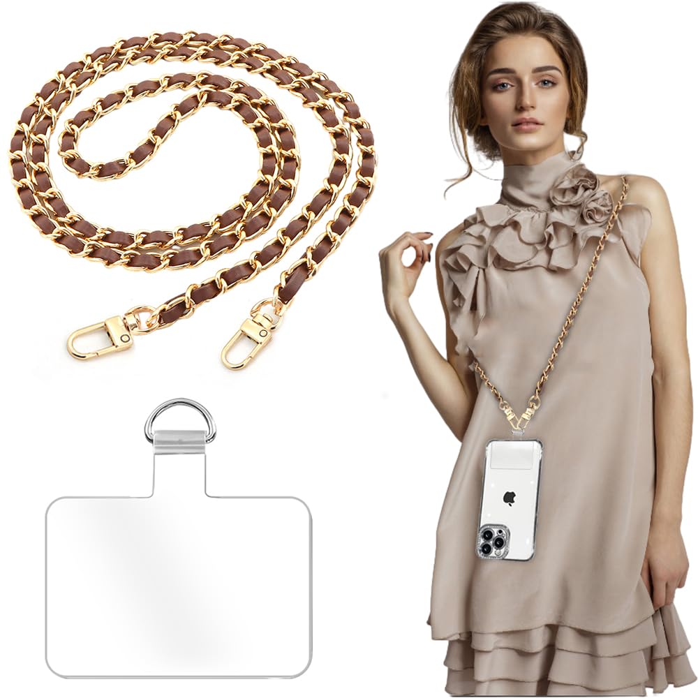 Turkalla Phone Crossbody Chain Cell Phone Lanyard,Universal Leather+Metal Shouder Strap with Phone Tether Patches (L)