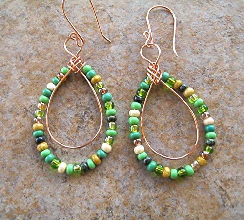Handmade Green Glass Bead Double Hoop Earrings, Teardrop