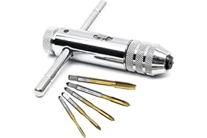 QISF Adjustable Silver T-Handle Ratchet Tap Holder Wrench with 5pcs Titanium Coating M3-M8 3mm-8mm Machine Screw Thread Metric Plug T-shaped Tap