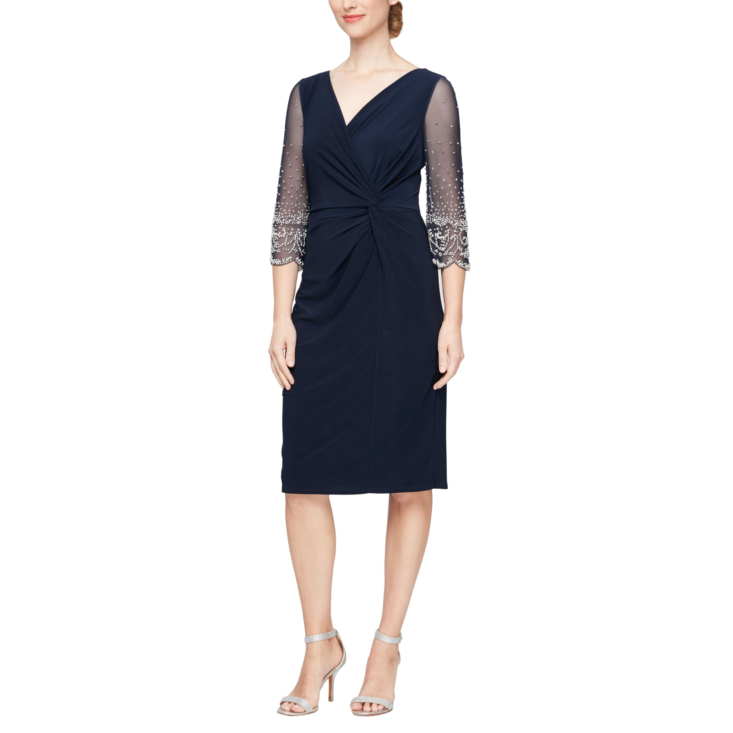 Photo 1 of Alex Evenings Women's Short Shift Cocktail Dress with Embellished Illusion Detail, Wedding Guest (Petite and Regular Sizes), Navy Beaded Sleeve, 14