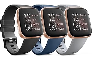 MELIYA PACK 3 Soft Silicone Bands for Fitbit Versa 2 / Fitbit Versa/Fitbit Versa Lite Classic Adjustable Sport Bands for Women Men Small Large(Without Tracker) (Large, Black+Blue+Grey)