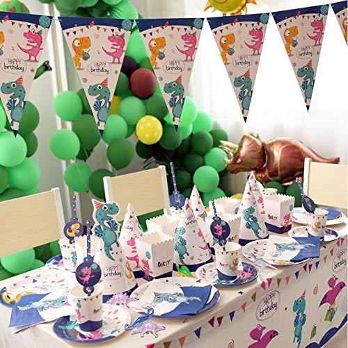 Dinosaur Party Supplies, Complete Party Supplies for Boys and Girls Including Plates, Cups, Napkins, Tablecloth, Banner, Dinosaur Toys, Blowing Dinosaurs, Spoons, Forks and Knives, Serves 24
