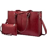 LOVEVOOK Laptop Tote Bag for Women, 15.6 Inch Large Capacity Vintage Leather Work Computer Bag, Business Casual Shoulder Handbag, Dark Red