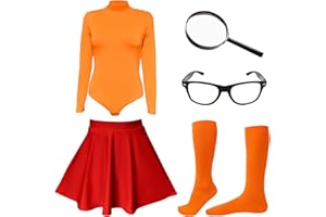 ATAMET Halloween Costume for Women,Sexy Long Sleeve Leotard Turtleneck Tops Bodysuit,Skater Skirt,Magnifying Glass,Socks