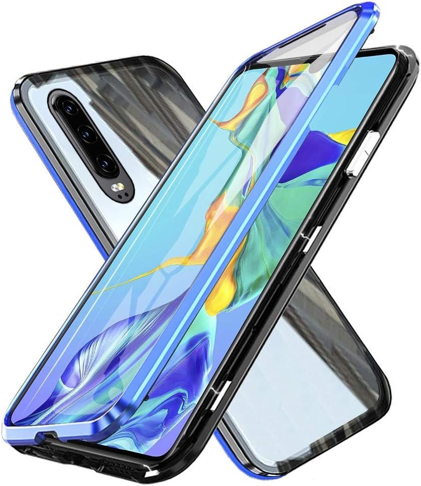 Fvntuey Compatible with Huawei P30 Lite/Nova 4e [Magnetic Adsorption Case] Metal Frame Clear Slim Fit [Ultra-Thin] Shell Tempered Glass Double Cover 360° Bumper Lightweight Cover for P30 Lite(Blue)