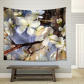 Watercolor Painting of The Blooming Spring Tree Branches with White Flowers - Fabric Wall Tapestry Home Decor - 51x60 inches
