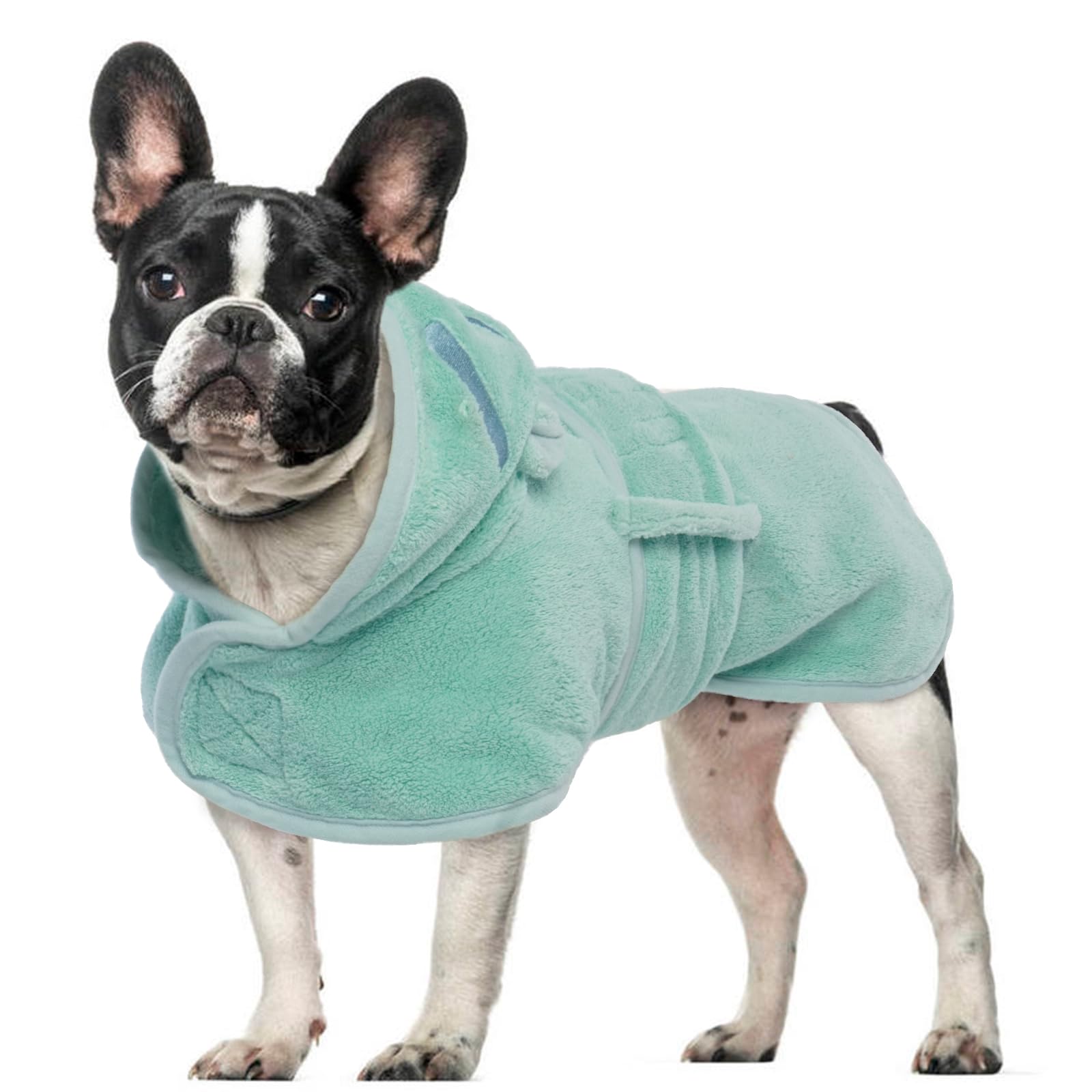 OUOBOB Dog Drying Coat, Bathrobe for Drying Dogs, Green Dog Towels for Medium Dogs, Microfibre Robe Super Absorbency with Hood & Adjustable Belly Straps for Frenchie, Beagle, Boston Terrier M