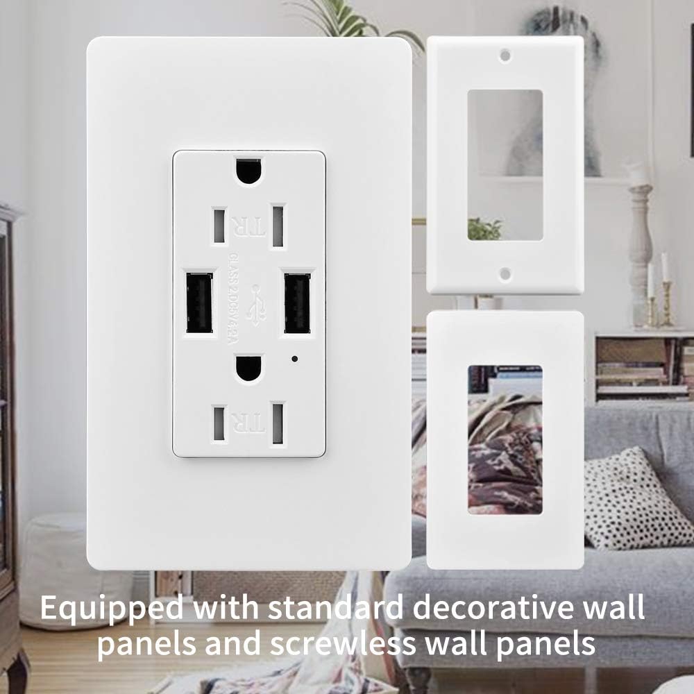 USB Outlet, 5 Pack 15 Amp Tamper Resistant Wall Outlet with Dual 4.2A High-Speed Charging USB Port, Double Wall Panel Included, UL Listed, White: Home Improvement