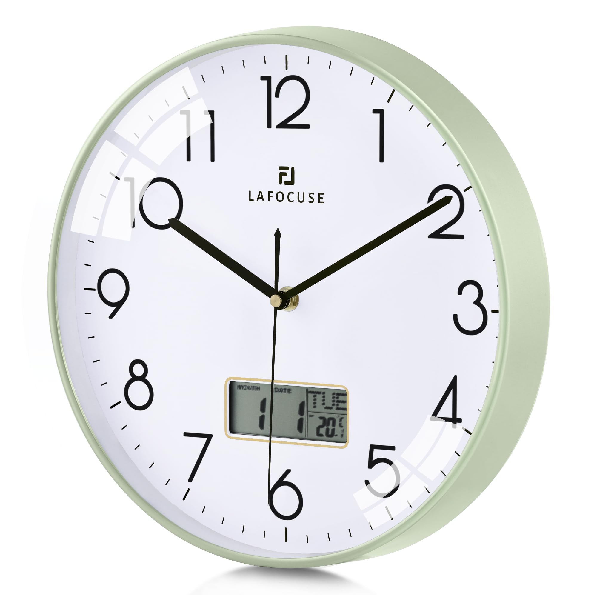 Lafocuse 12 Inch Silent Green Wall Clock with Date and Day, Temperature, Day of Week, Kitchen Wall Clocks for Living Room Modern, LCD Digital Wall Clock Battery Operated Office Bedroom — image 1