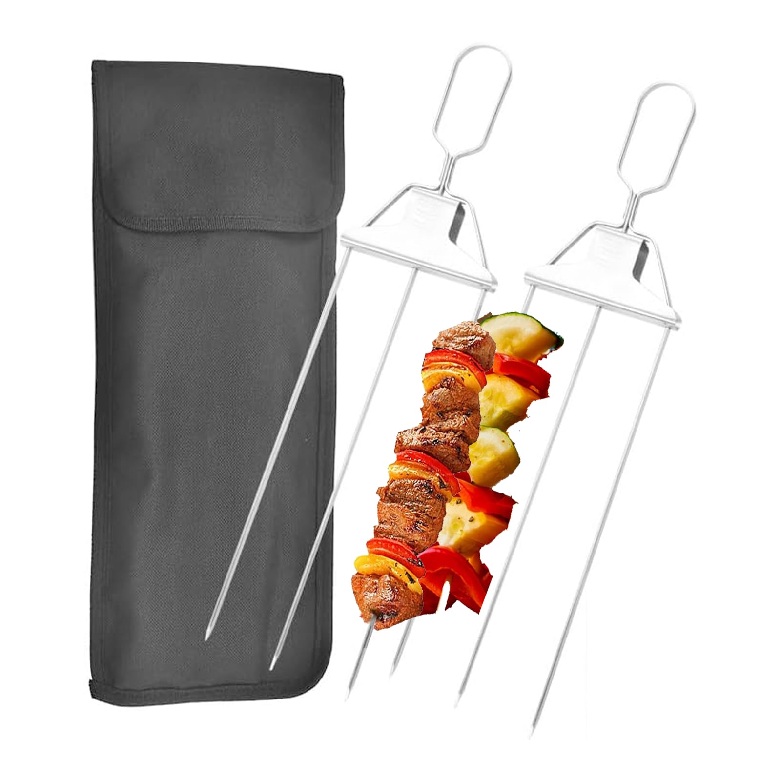 3 Way Grill Skewers Metal BBQ Skewers 2Pcs Stainless Steel 3-Prong Kabob Skewers with Storage Bag Easy to Use Push Bar Slider BBQ Grilling Skewers Kabob Sticks for Outdoor Meat Grill