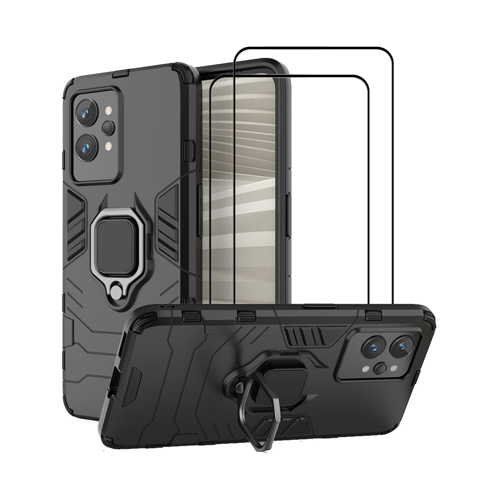 MMlife for Realme GT2 Pro Kickstand Case with Tempered Glass Screen Protector [2 pieces], Hybrid Heavy Duty Armor Dual Layer Anti-Scratch Case Cover, Black