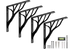 Rustic Tree Black Heavy Duty Shelf Brackets 10 inch by Balin Designs, Decorative L Brackets, Iron Metal Floating Shelf Bracket, Wall Mount Shelving Bracket, Included Hardware, Set of 4