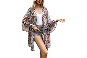 olrain Women's Floral Print Sheer Chiffon 3/4 Bat Sleeve Casual Loose Kimono Cardigan Capes
