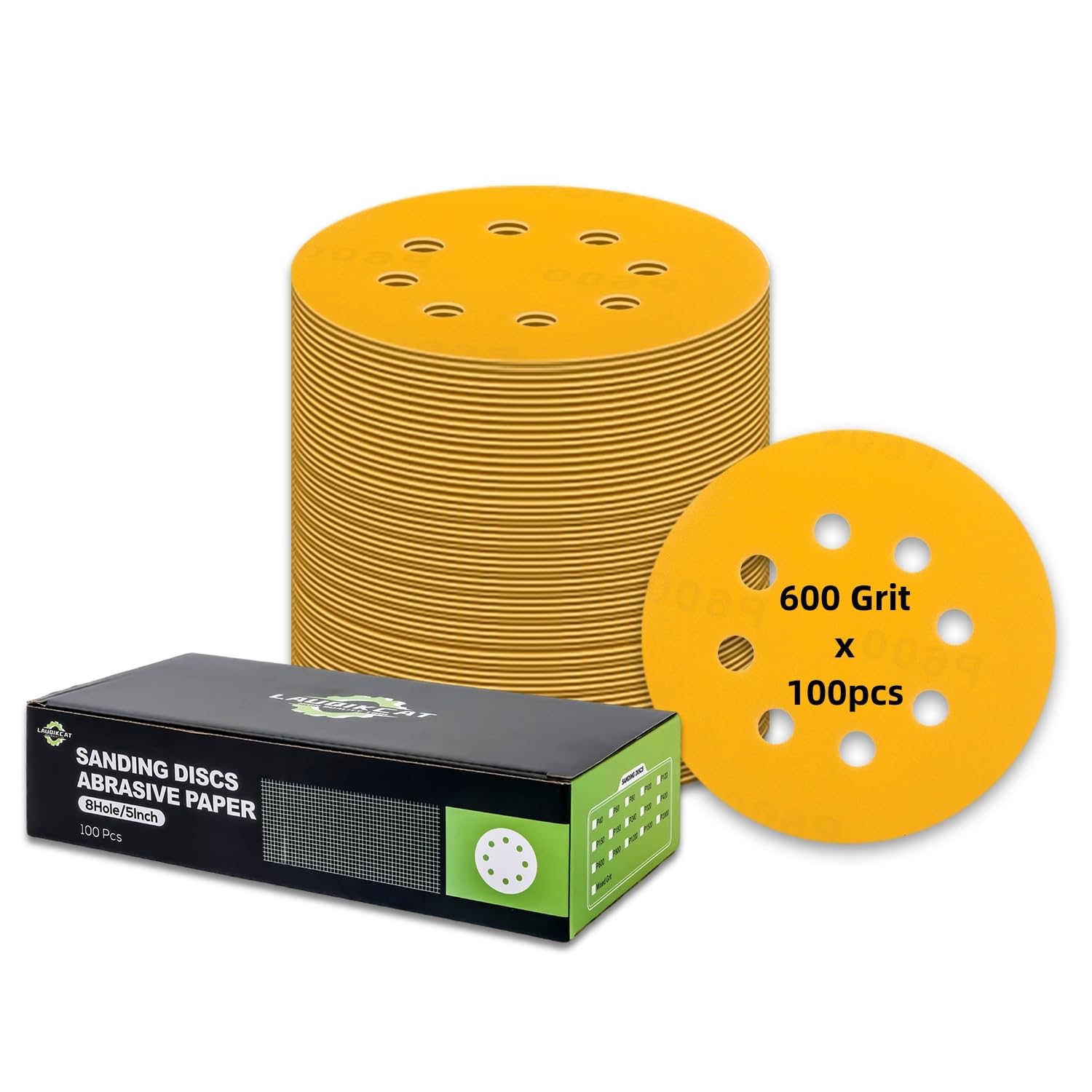 100 pcs Sanding Discs - 5 inch/125 mm, 8 Holes, Hook and Loop Sanding Pads for Random Orbital Sanders,Yellow-600 Grit — image 1